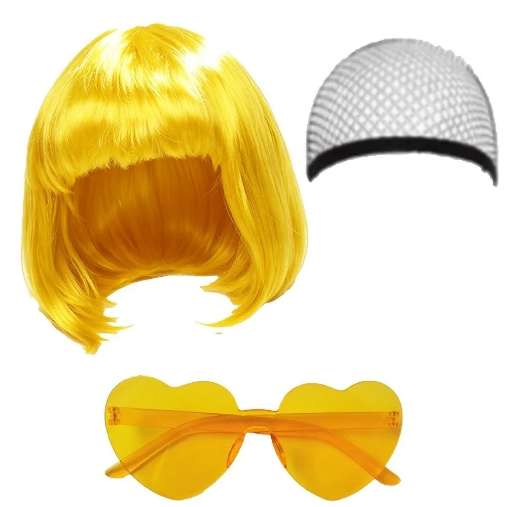 3Pcs Colorful Short Bob Hair Wig Christmas Halloween Cosplay Wig Set Party with Hairnet and Glasses Short Bangs