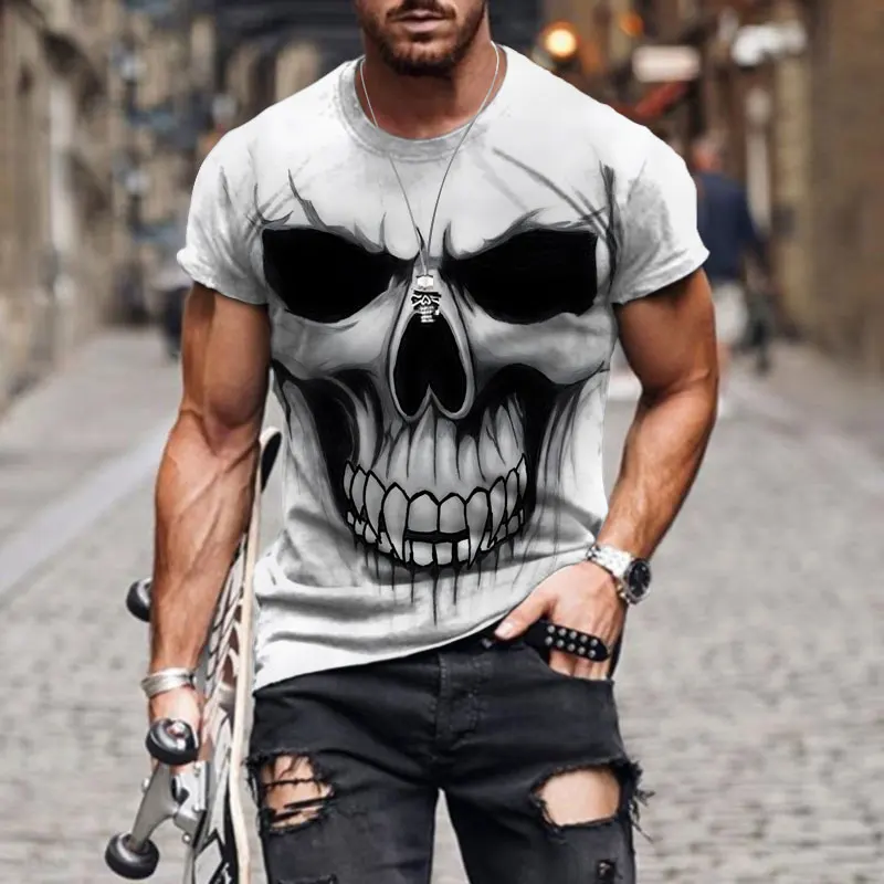 Vintage T Shirts For Men Horror Undead Skull Pattern 3D Printed Short Sleeve Fashion Oversized T-shirt Casual Men\'s Clothing