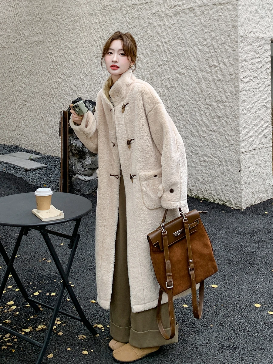 White Lamb Fur Collar Thickened Warm Coat Women's Mid-Length Korean Style Commute Straight Tube Long Sleeve Button down Jacket