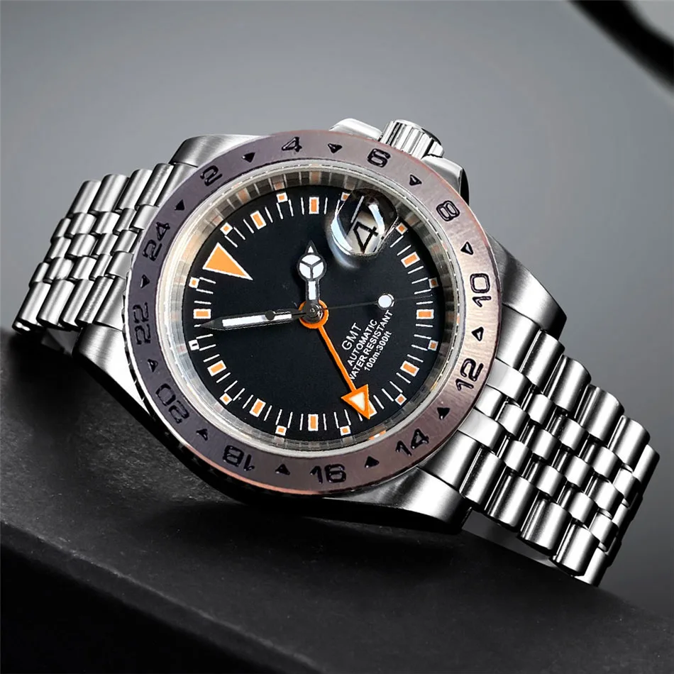 GMT Master NH34A Movt zegarek mechaniczny dla mężczyzn luksusowy zegar ze stali 316L pomarańczowy/zielony ręcznie 24-godzinny zegar ze stalową ramką