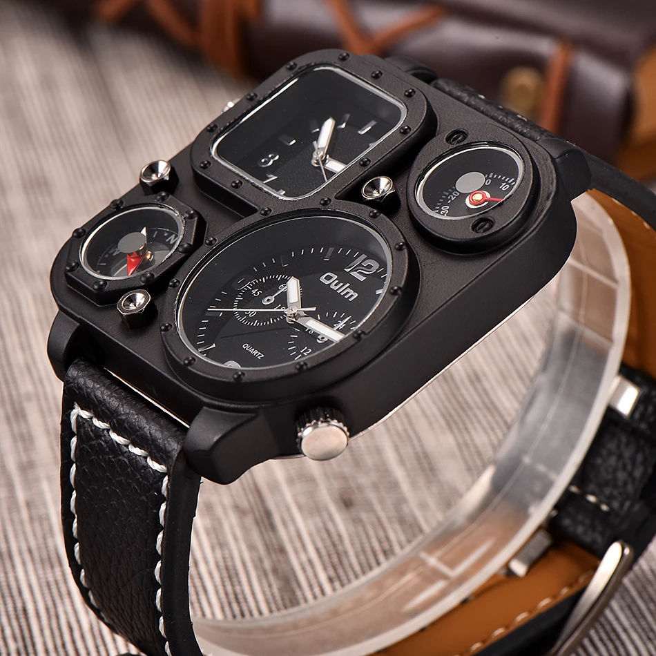 

Fashion Oulm Top Brand 1169 Black Sport Men's Square Big Dial Unique Decorative Compass Quartz Casual Men Dual Time Zone Watches