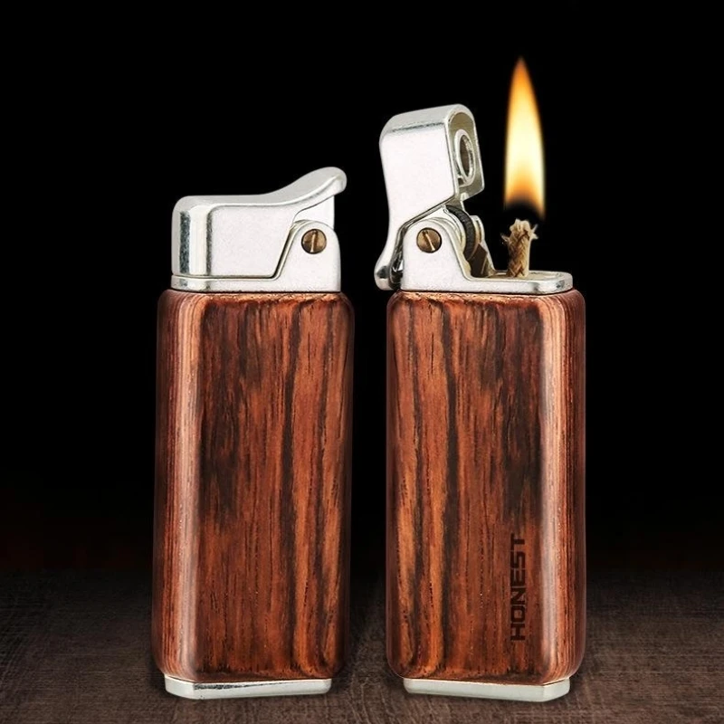 HONEST Retro Vintage Wooden Kerosene Lighter Military Cap Ejection Ignition Fuel Grinding Wheel Flint Smoking Accessories Gadget