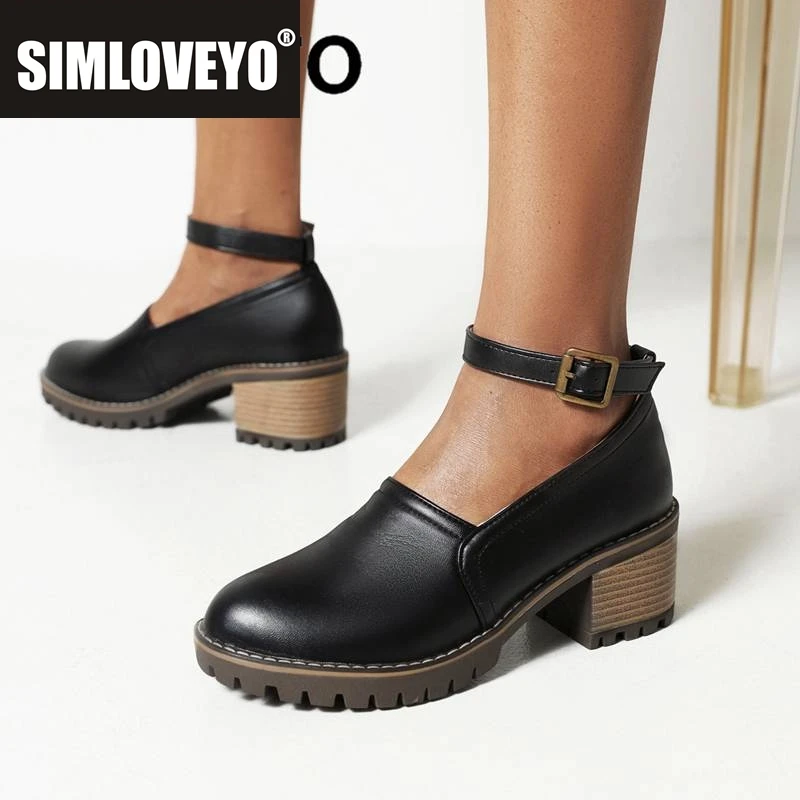 

SIMLOVEYO Женские туфли-лодочки с круглым носком на блочном каблуке 6 см на платформе 2 см с пряжкой на щиколотке и ремешком размера плюс 41 42 43 Мягкая женская обувь для отдыха на каждый день
