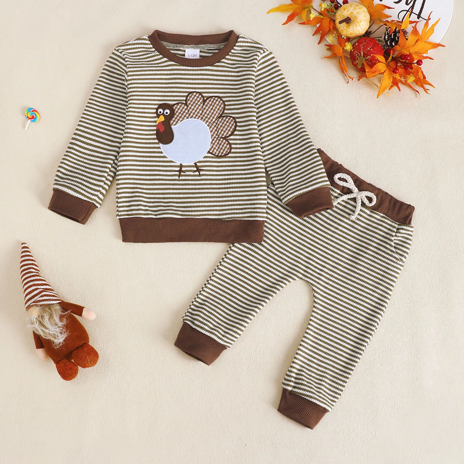 Infant Boys Thanksgiving Turkey Embroidered Striped Long Sleeve Outfit Spring Autumn Seasonal Baby Clothing Set