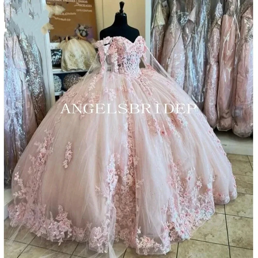 ANGELSBRIDEP Glittering Pink Quinceanera Dresses 3D Flowers Lace Appliques Vestidos De 15 Anos Birthday Party Prom Ball Gown