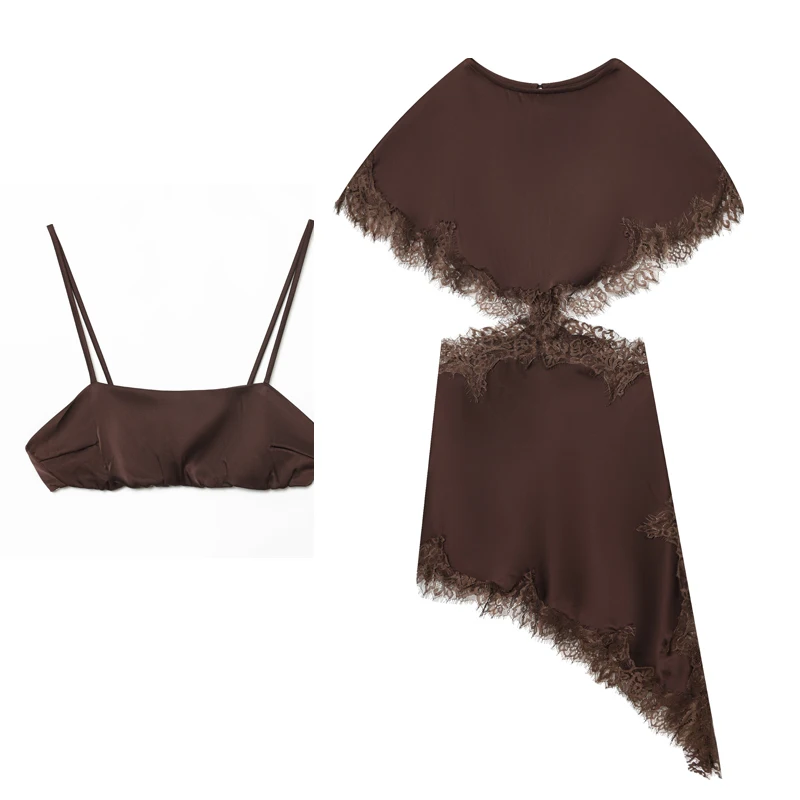 Sukienka z wycięciami z koronki dla kobiet, czarna, brązowa, sukienki midi, asymetryczna, seksowna sukienka wieczorowa damska, sukienka z rękawami typu peleryna, lato 2026