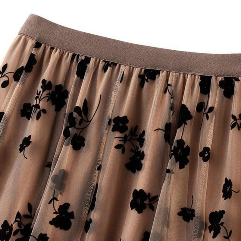 Elegant Floral Women Tulle Skirts High Waist Korean Flocking Pleated Midi Skirts Mesh Summer Office Ladies Skirt New