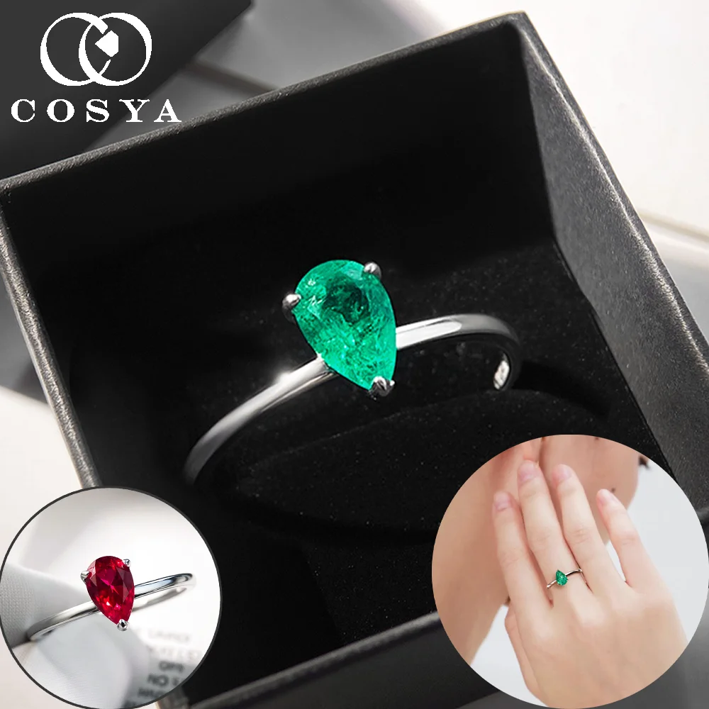 COSYA 1CT 5*8mm Pear Cut Lab Grown Colombian Emerald/Ruby Ring For Women 100% 925 Silver Certified Sapphire Wedding Band Jewelry