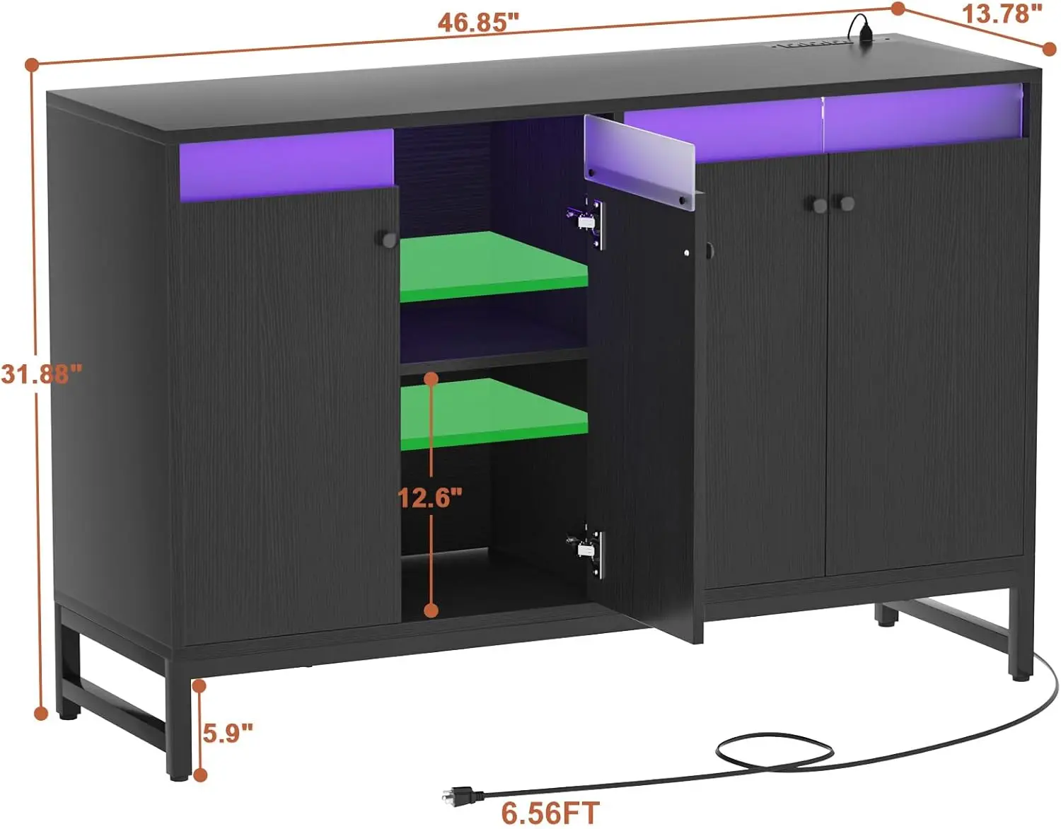 Aparador Buffet Cabinet with Power Outlet Armário de cozinha com luz LED e portas, armário de acento, mesa de buffet