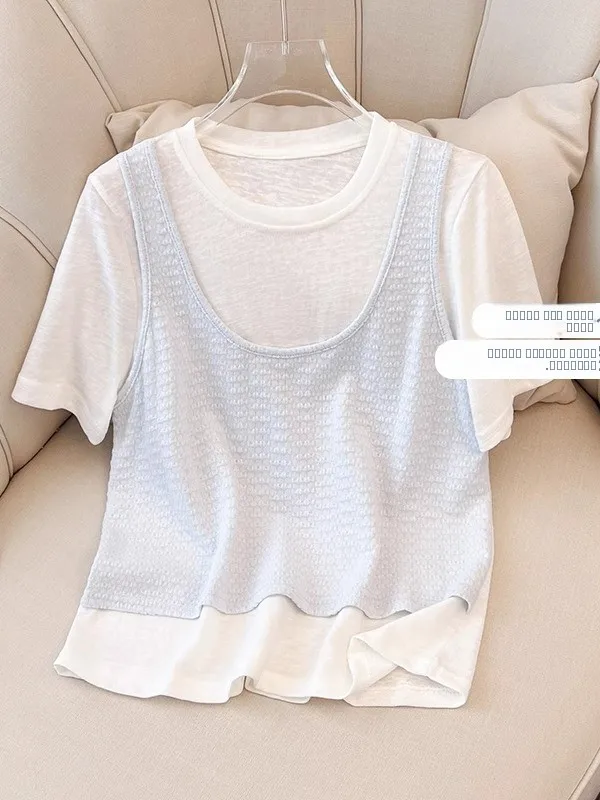 

Новая летняя женская футболка свободного кроя с круглым вырезом и коротким рукавом, модный дизайн в стиле пэчворк, корейский стиль, повседневная одежда, однотонная.