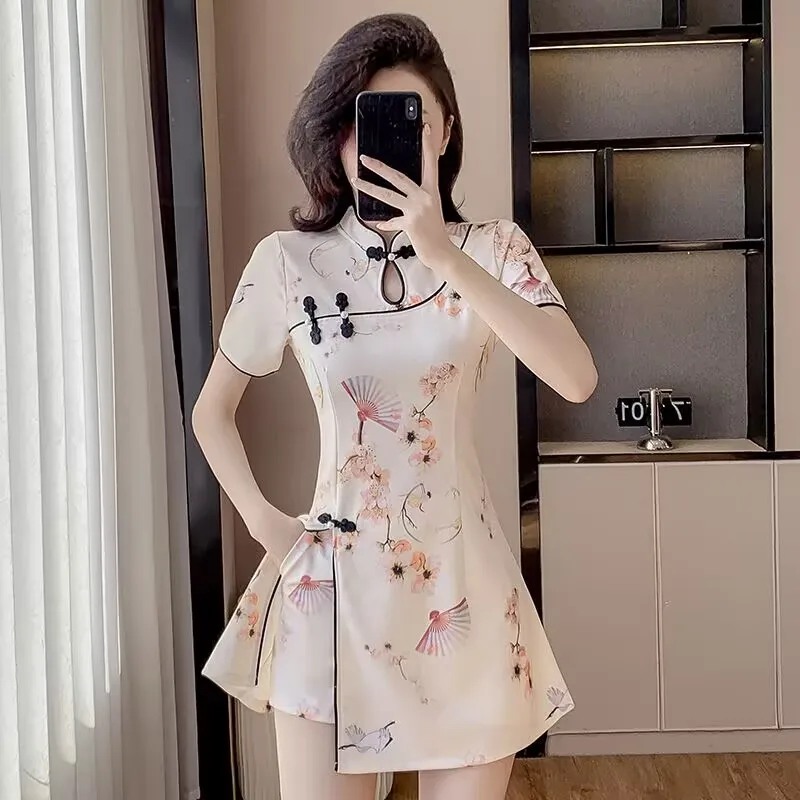 Young Girl's Improved Cheongsam Dress Set Chinese Style New Summer Collection 2025 Flower Print Dress and Shorts Suits