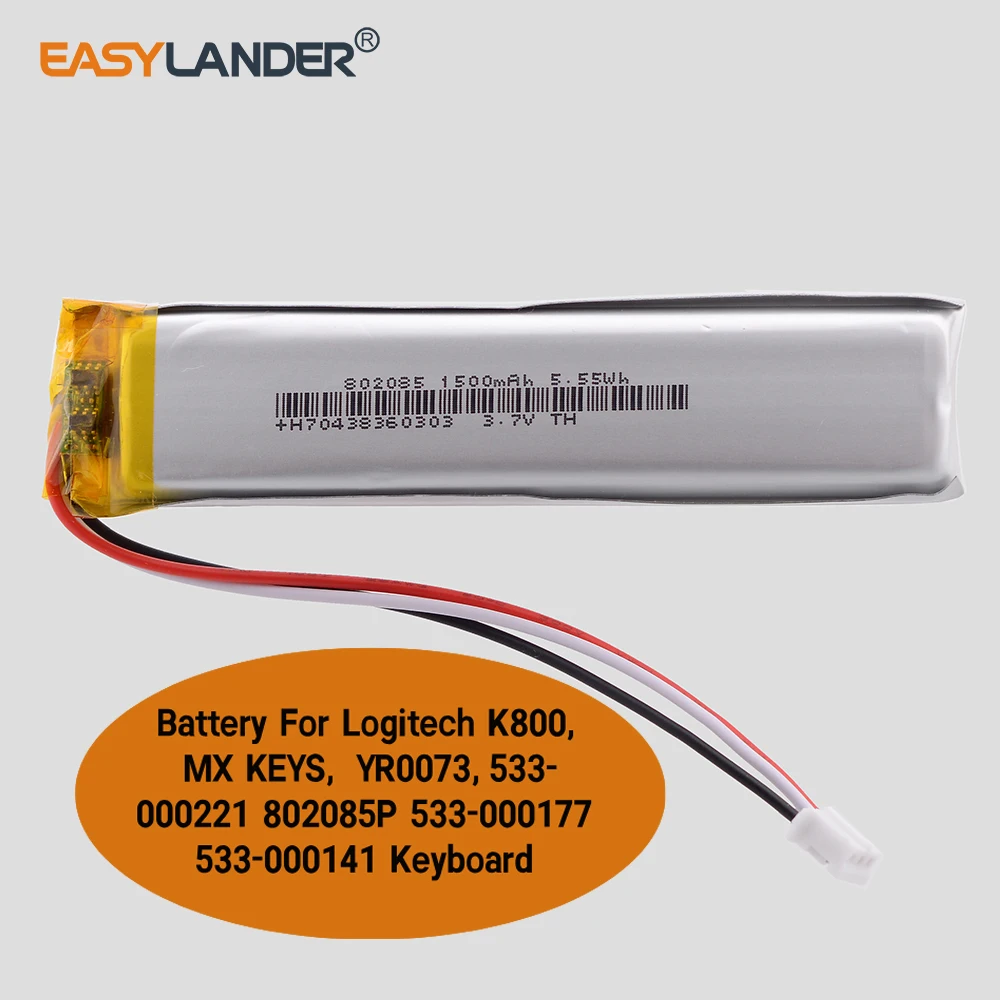 802085 Li Polymer Battery For Logitech K800, MX KEYS, YR0073,533-000221 802085P 533-000177 533-000141 Keyboard Batteries 1500mAh