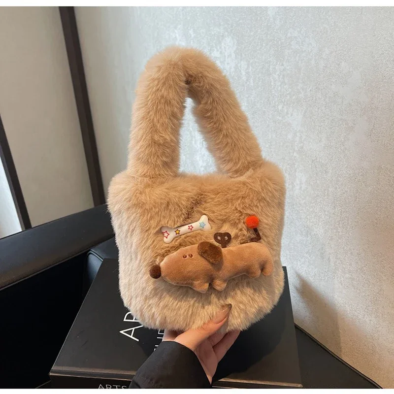 

Autumn/Winter 2024 New Fresh and Sweet Women's Bag, Cute Velvet Dog Hairy Bucket Bag Cartoon Plush Handbag