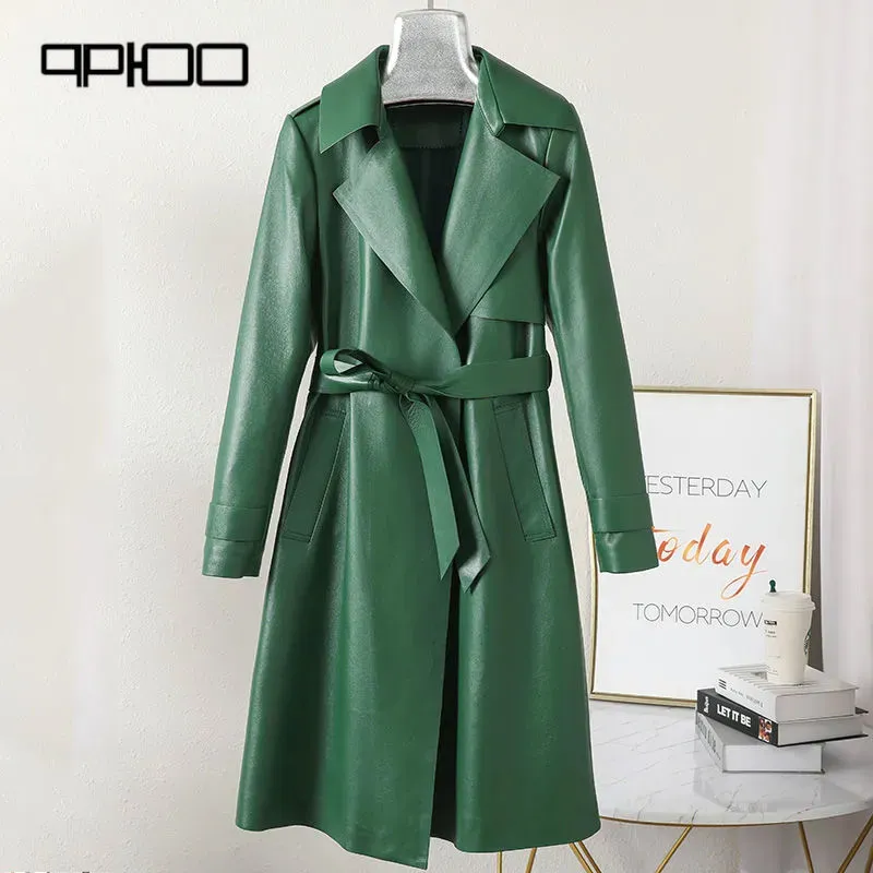 Spring 2024 suit collar leather sheep skin in the long trench coat coat women slim leather trench coat