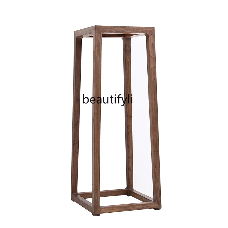 

New Chinese Zen Flower Stand Black Walnut Elm Flower Side Table Tea House Club Living Room Balcony Simple Shelf