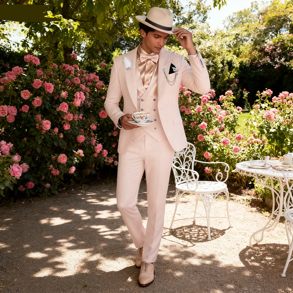 

Elegant Rose Red 3-Piece Slim Fit Men's Suit Double Breasted Blazer Vest Pants Set for Wedding Groom Tuxedo Business Party