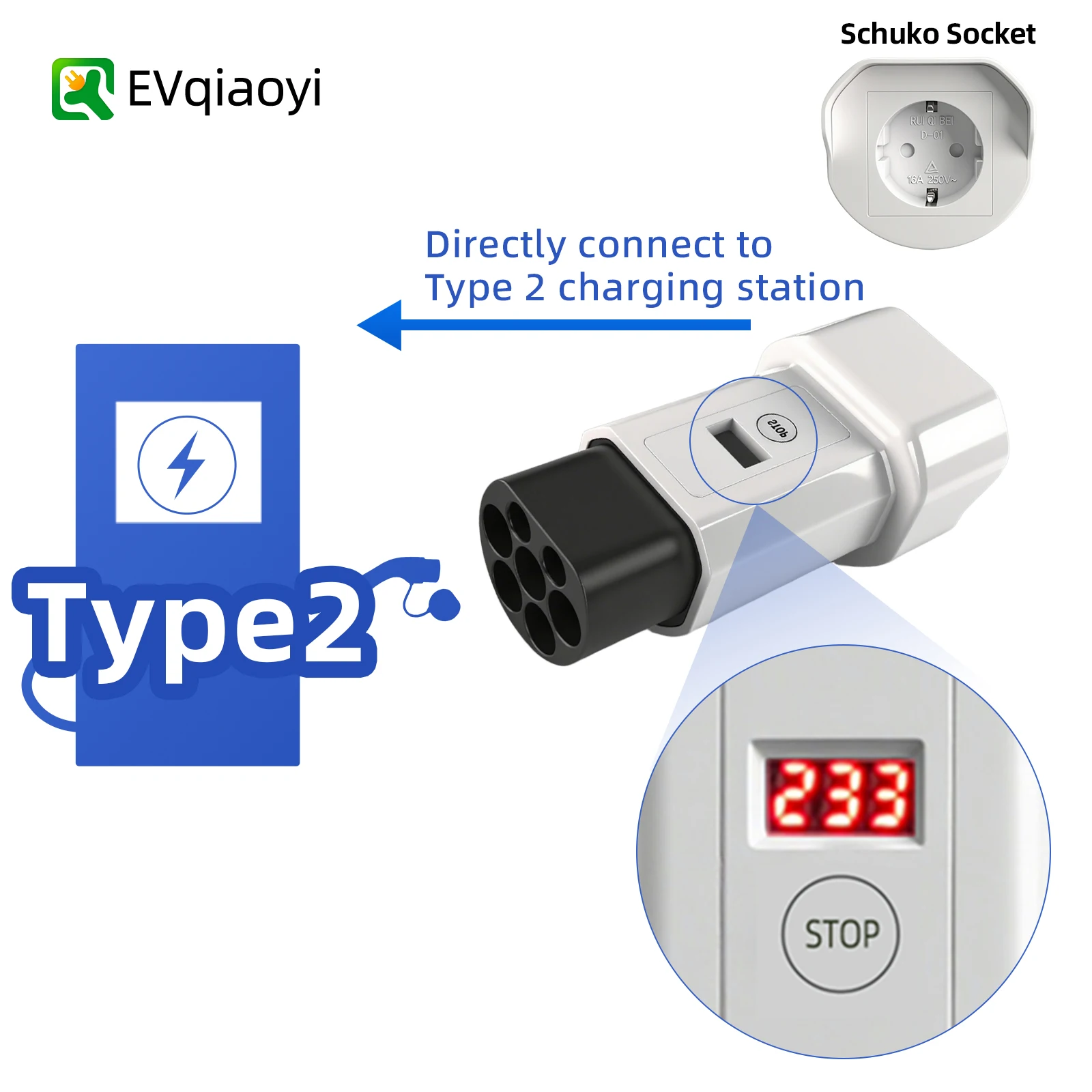 

EVqiaoyi Portable Type 2 pile to 16A EU Socket Adapter Converts type2 Charging Sockets for 220V AC CE Certified Travel Charging