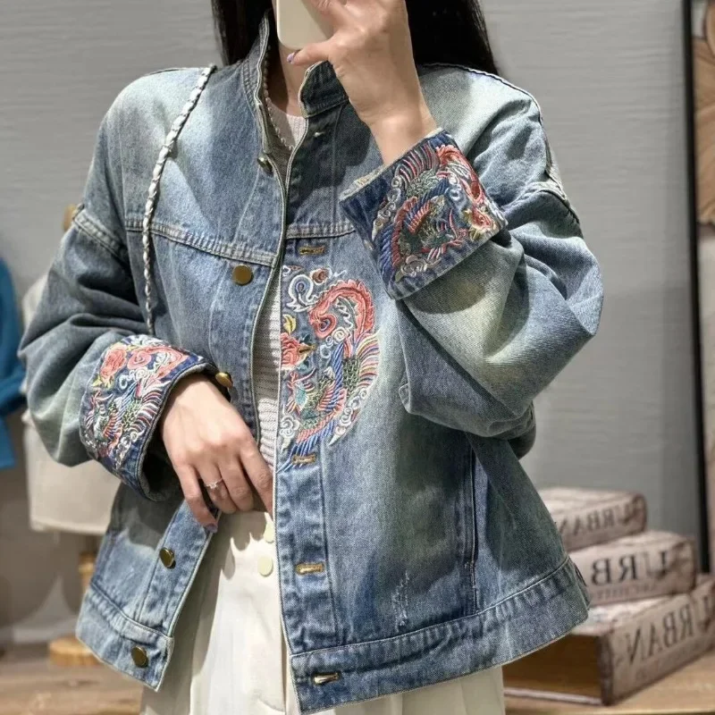 Autumn Spring Denim Blue Coat New Chinese Style Retro Embroidered Jacket Women 2024 Spring Loose Stand Collar Make Old Overcoat