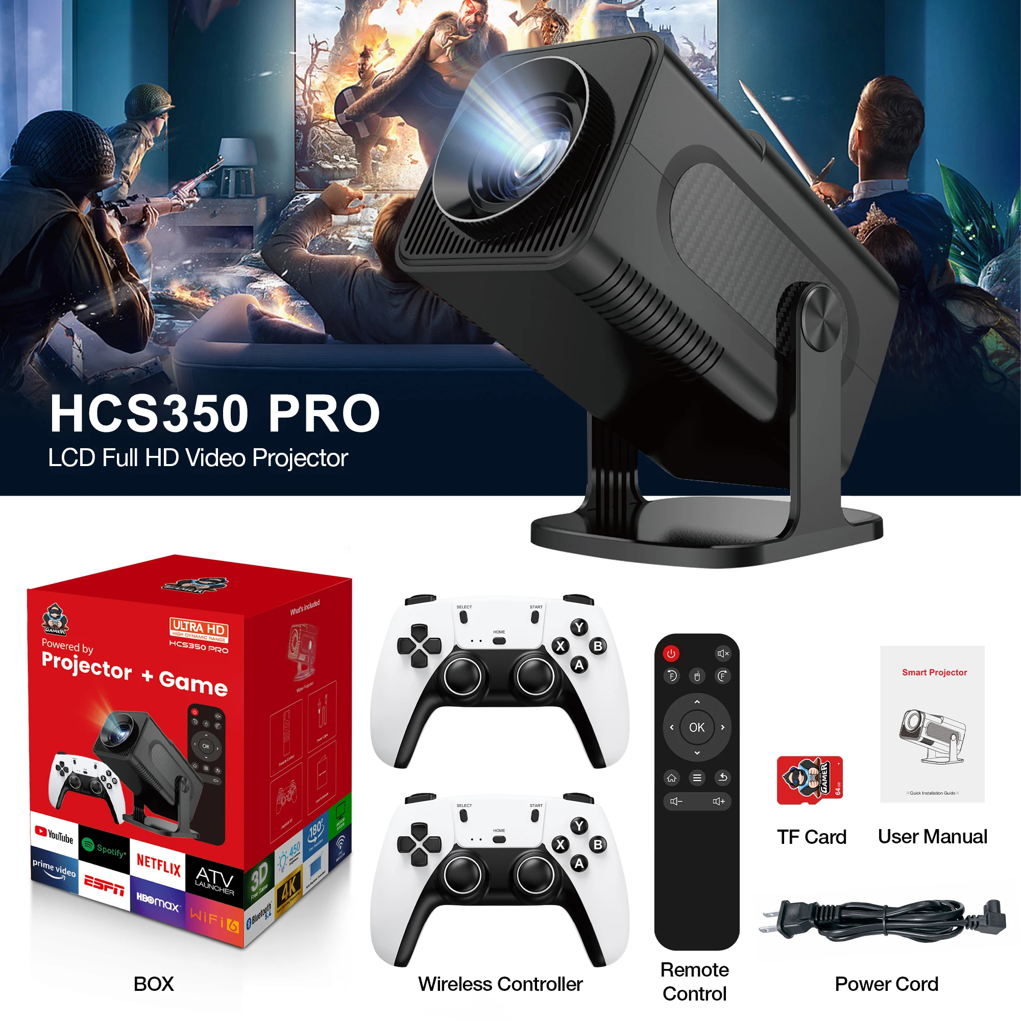 HCS350 Pro Game Consoles Projector WIFI Portable Intelligent Beamer Quad core ARM Cortex-A53 Support GB PS1 PSP NES SFC Games