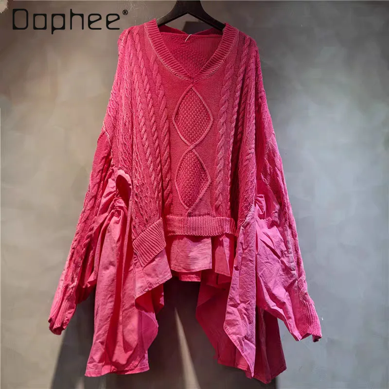 

Spring Autumn Personality Vintage V-Neck Sweater Patchwork Ruffle Large Size Batwing Sleeve Oversized Irregular Mid-Length Top