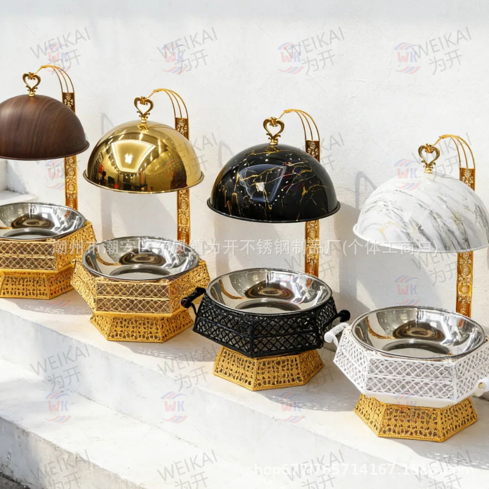 8L Luxury Gold Round Stainless Steel Chafing Dish, Commercial Alcohol Heating Dry Pot Warmer for Buffet