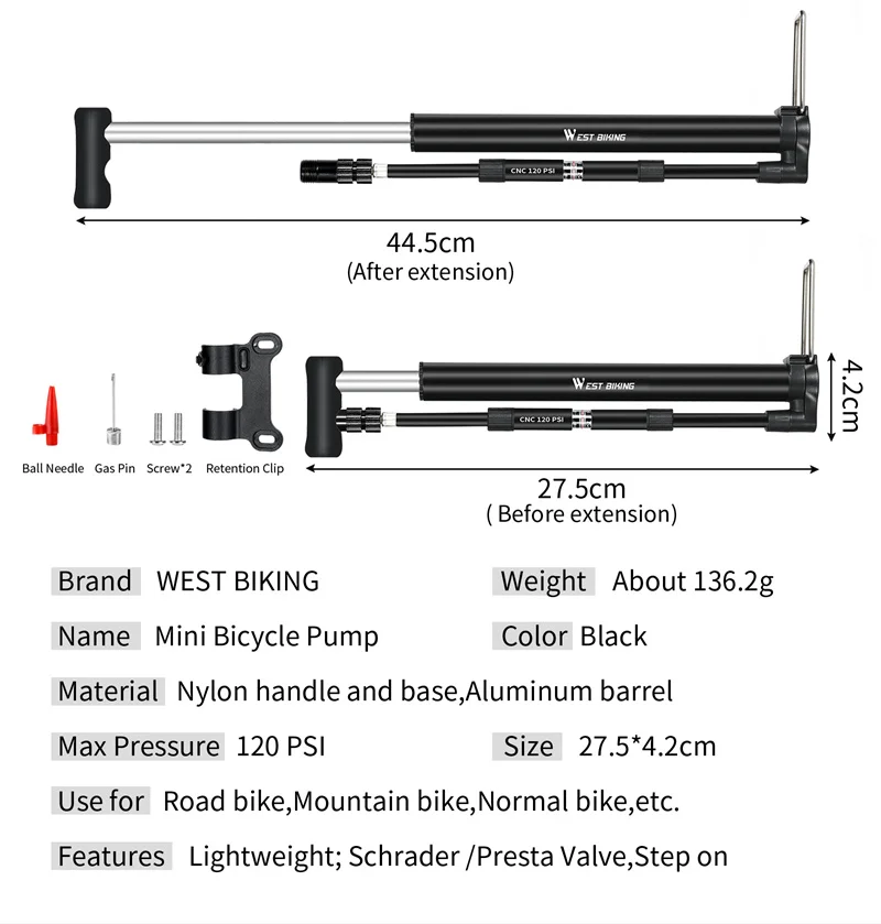 WEST BIKING Fahrrad-Standpumpe 120PSI Hochdruck mit Manometer Universal Schrader Presta Manueller Reifenfüller Fahrrad-Zubehör – Detail 2