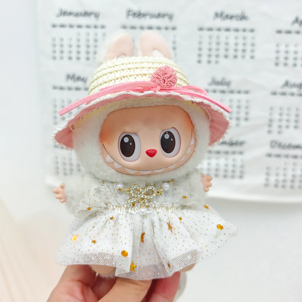 Labubu 옷 15-17CM 미니 봉제 인형 공주 거즈 드레스 블링 블링 스타 스커트 목걸이 모자를 쓰고 있죠 밀짚 모자 3 개/갑 선물