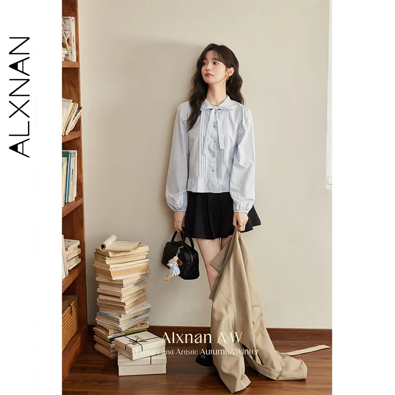 ALXNAN Niebieska Koszula Damska Jesienna Kokarda Plisowana Falbana Długi Rękaw Koszula Biurowa Casual Modna Elegancka Bluzka Damska L50602