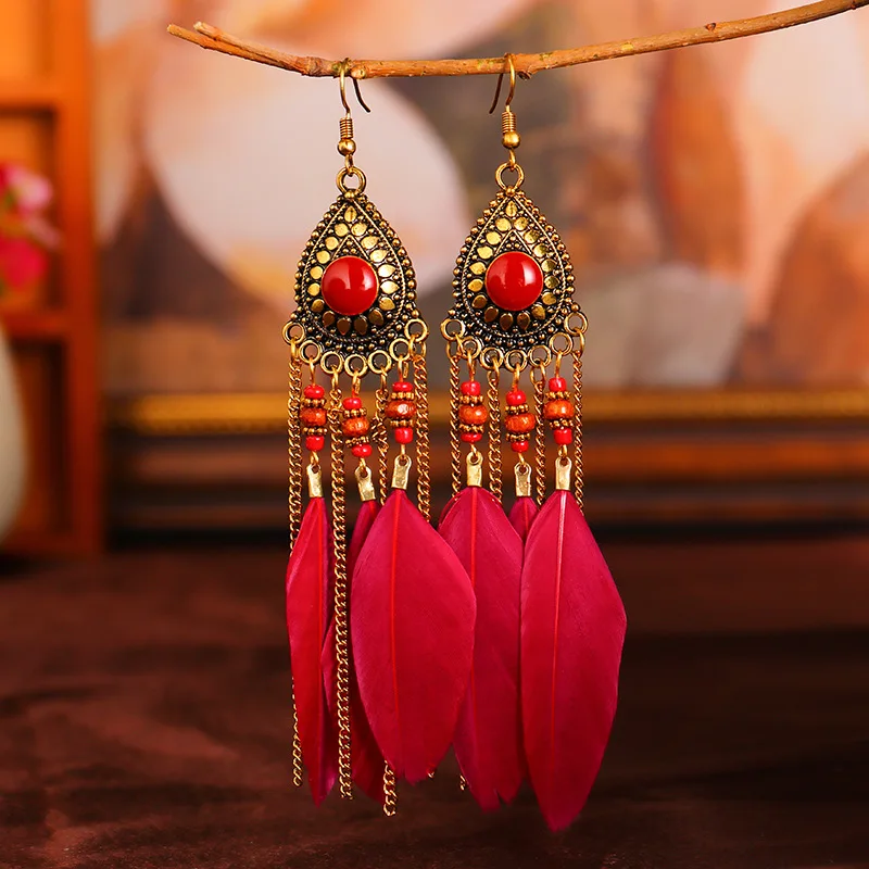 Böhmische lange Feder-Ohrringe für Frauen, klassische ethnische Retro-Temperament-Kette, Blatt-Perlen-Quasten-Ohrringe, Boho-Hochzeitsschmuck – Detail 9