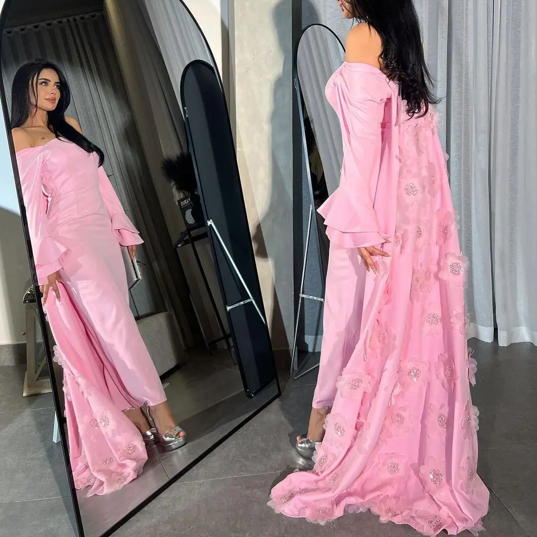 Scoggins Off-The-Shoulder Neckline Column Slit Ankle-Length Beaded Long Sleeves Chiffon Zipper Up Dubai Evening Dresses Wedding