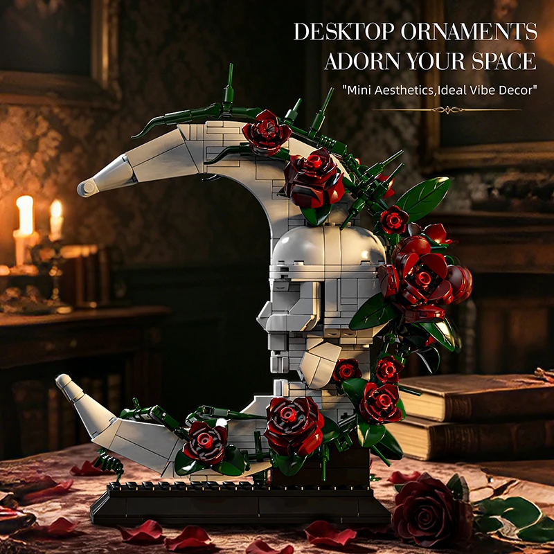 MOC Gothic Skull Moon Rose Dark Romantic Building Blocks  Assembly Decor Rose Model Ornament Blocks Birthday Christmas Gift view 4