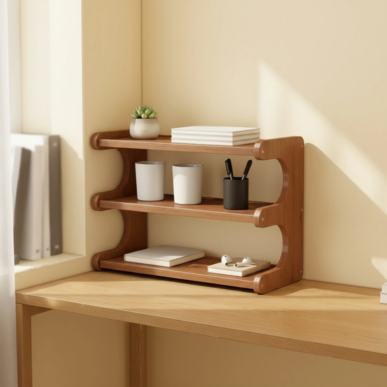 Tabletop Shelf Unit Space-Saving Freestanding Desktop Storage Rack Wood-Look Desktop Storage Rack Movable for Kitchen, Office