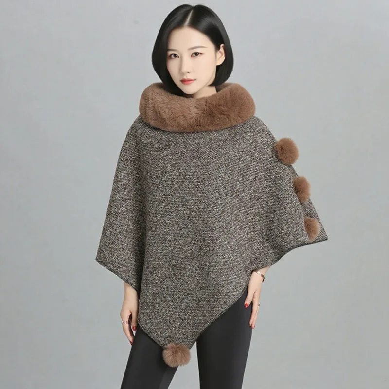 Solid Color Loose Poncho Cloak Winter Keep Warm Scarf Neck String Faux Rabbit Fur Women Pullover Cape Shawl Plush Balls Overcoat