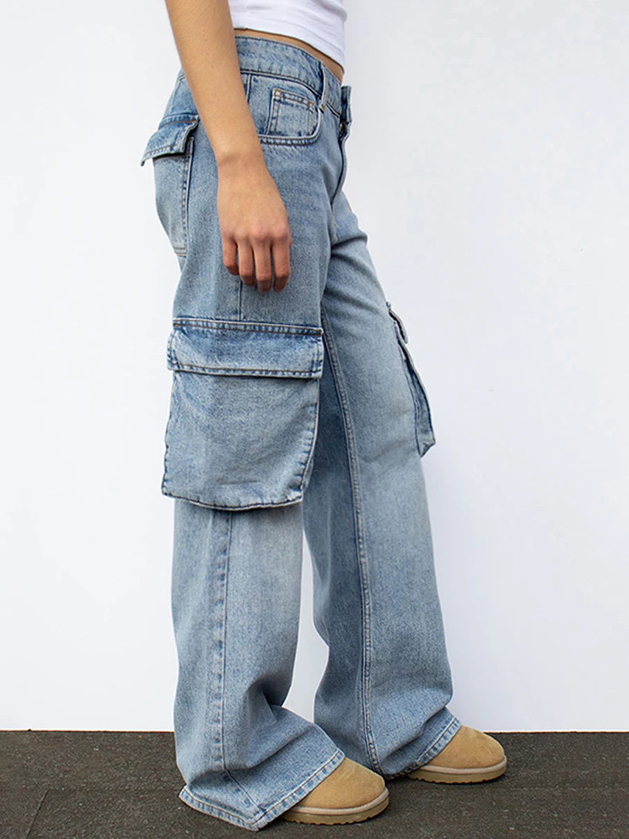 Women Y2K Wide Leg Cargo Jeans Loose Fit Low Waist Straight Leg Pants Denim Trousers with Big Pockets Vintage E-Girl Streetwear