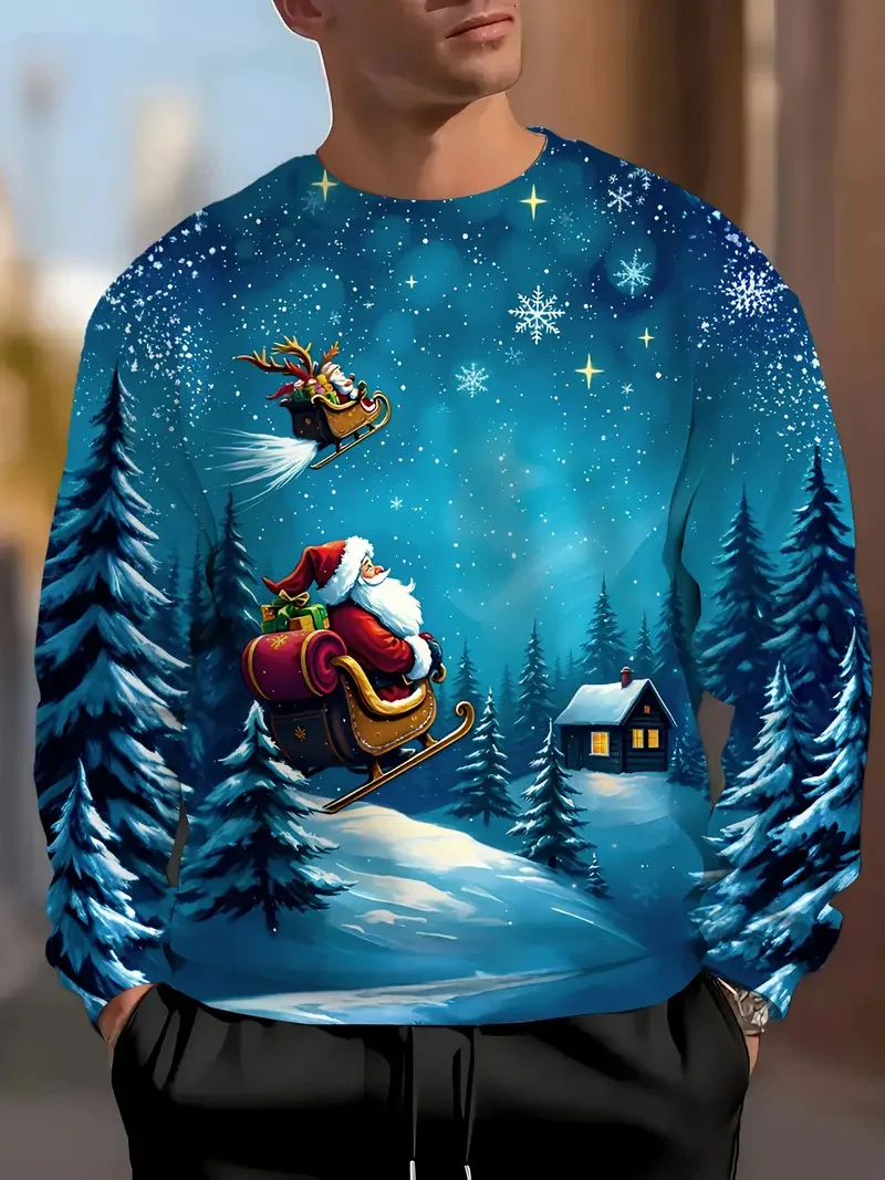 

3D Print Santa Clause Graphic Men's O-Neck Hoodie Loose Casual Comfortable Long Sleeve Top Fashion Festival Party Unisex Clothes