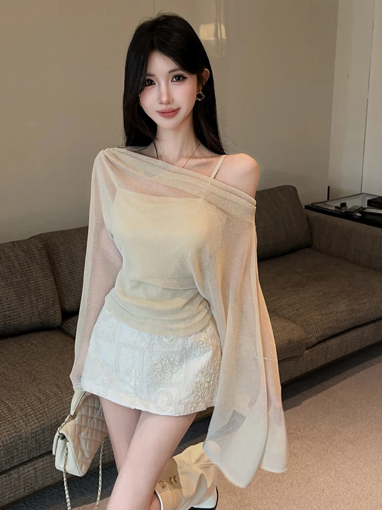 Sexy Semi-Body Skirt Set with Mesh Cover up Slimming Base Tank Top French Style Long Sleeve T-Shirt mid High Waist Pure Color