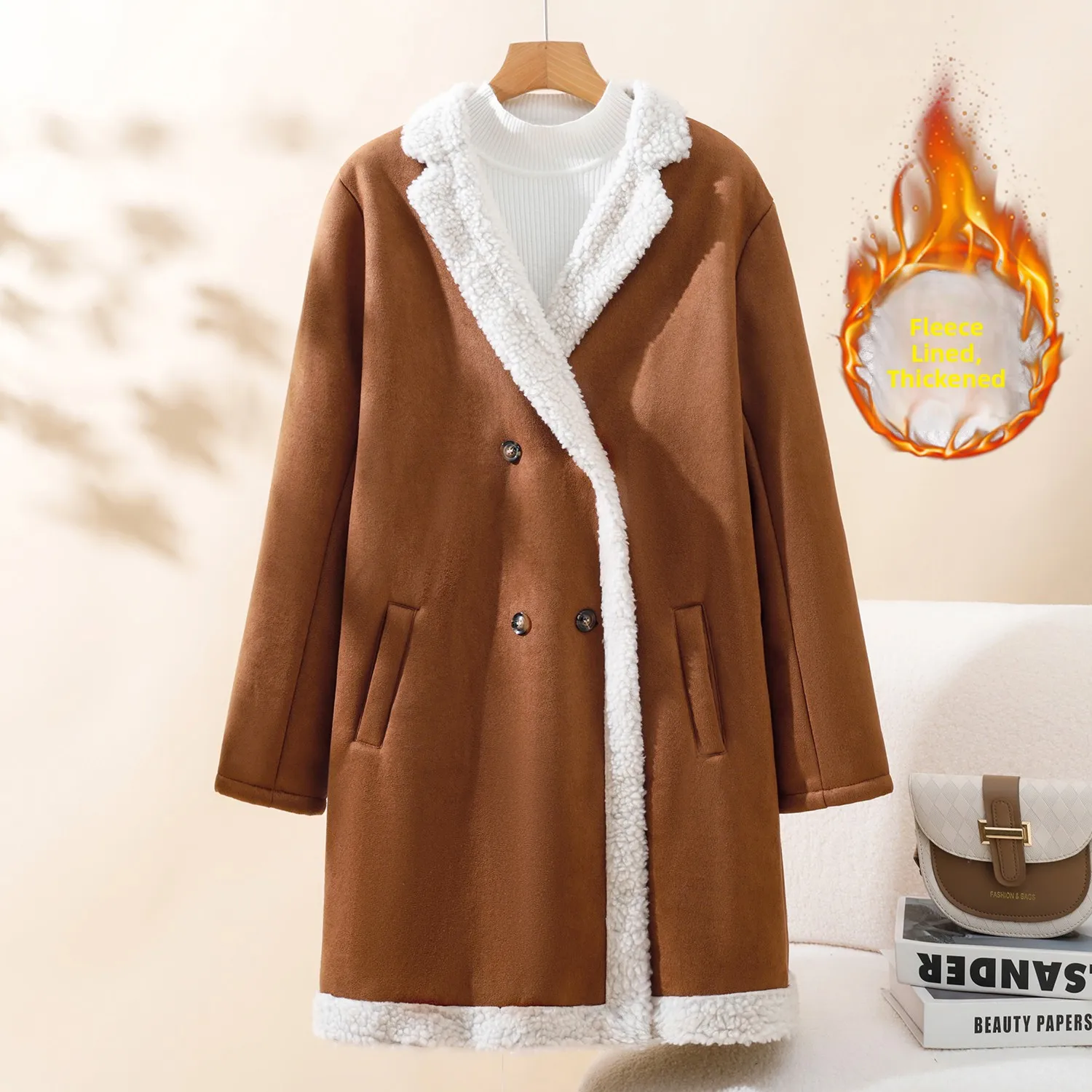 패셔너블 캐주얼 스웨이드 코트 울 중간 길이 칼라 여성 코트 테니드 롱 슬리브 출퇴근용 겨울 신상품