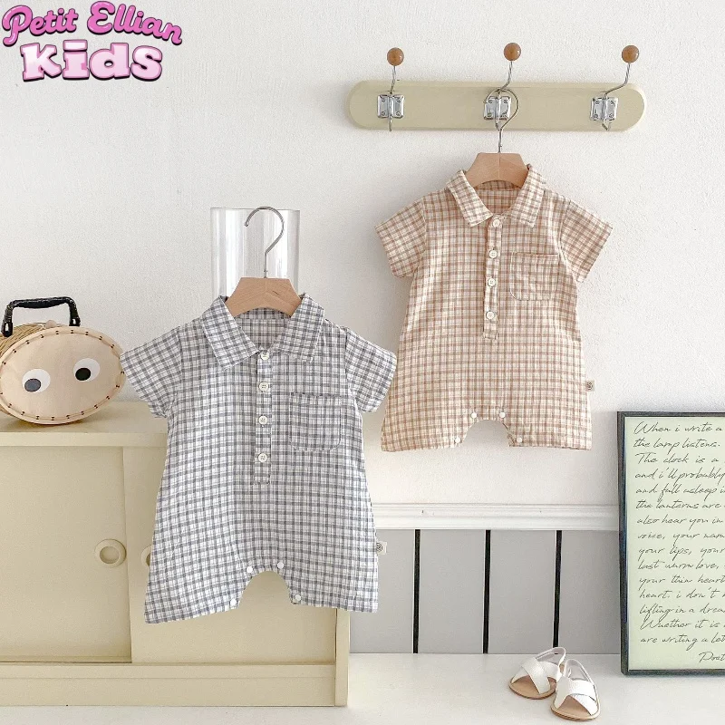 

0 - 2 Y Baby Boy Plaid Short - Sleeve Romper with Button & Pocket - Comfortable & Stylish for Daily Wear for Children's Clothes
