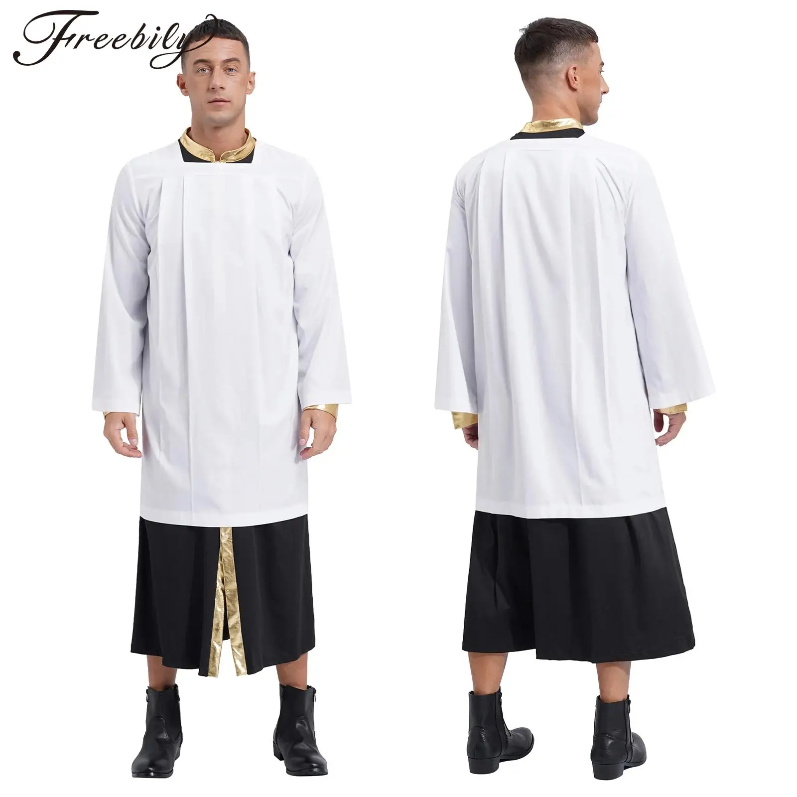 Men Clergy Priest Surplice Flare Sleeve Pleated Robe Catholic Church Choir Worship Cotta Vestment Halloween Role Play Costume