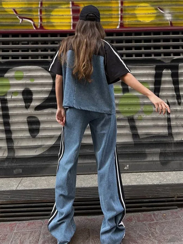 المرقعة شريط الدنيم المرأة رياضية الوقوف طوق نصف كم جاكيت زيبرا فضفاض الخصر جان الإناث 2 قطعة 2025 سيدة الزي