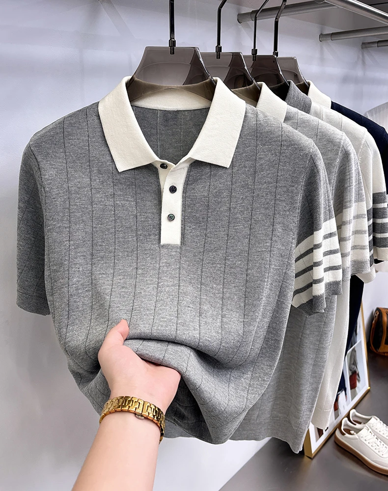 Hochwertiges Stricken Kurzarm POLO Shirt Herren neue Mode Luxus Marke Streifen Design weich komfortabel koreanischer Stil Freizeit Sommer atmungsaktives T-Shirt – Detail 11