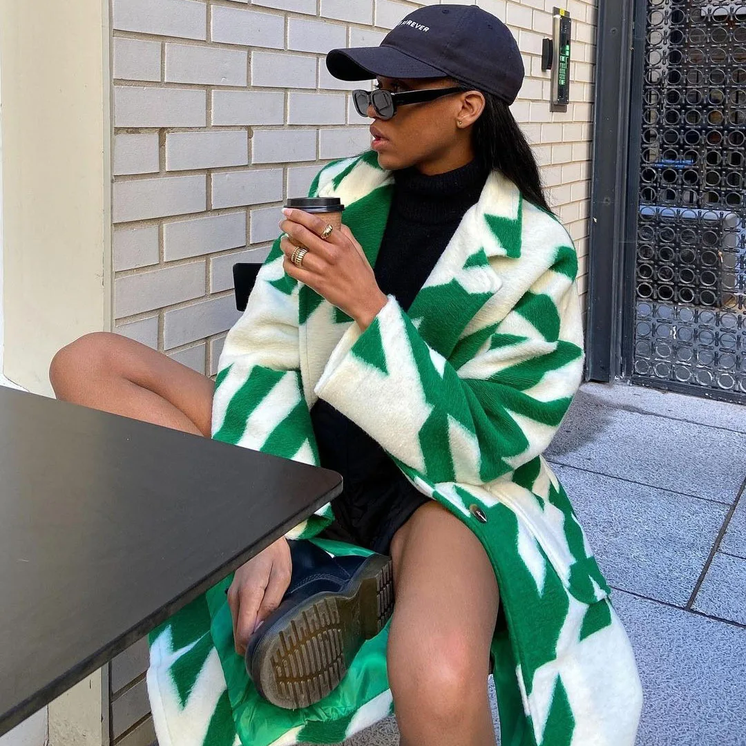 Print Wool Long Jacket Women Button Turn Down Collar Spliced Coats Blends Casual Pockets Cardigan Full Sleeve Jackets Autumn