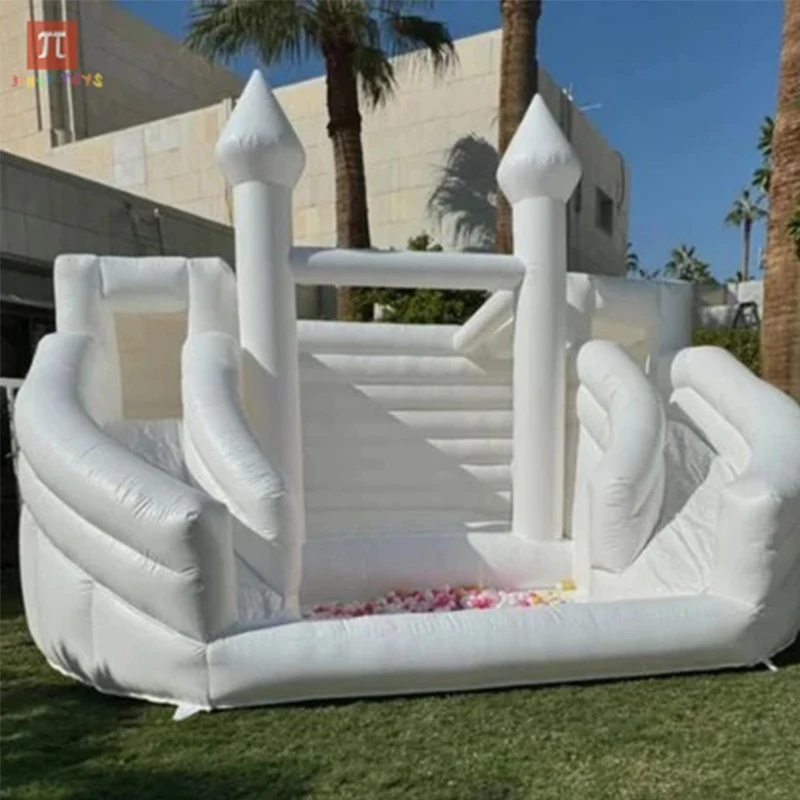 

White PVC bouncy castle with hairdryer, perfect for children's bouncy castles with a ball slide, birthdays and weddings.