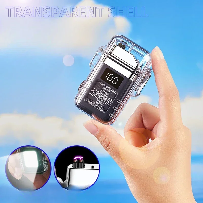 Transparent Shell Digital Display Waterproof Electronic Pulse Lighter COB Lighting Rechargeable Arc Lighter Outdoor