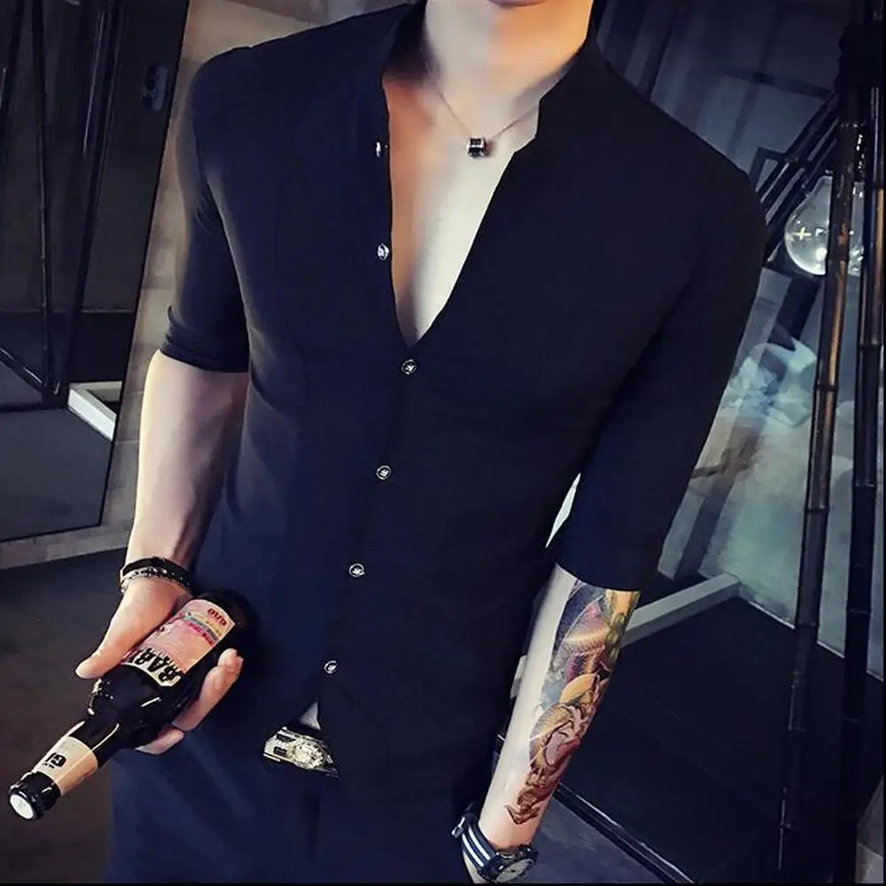 Stand Collar Chinese Style Shirt Men Slim Fit Clothes Male Half Sleeve 2023 Fashion Summer Solid Color Designer Night Club Tops