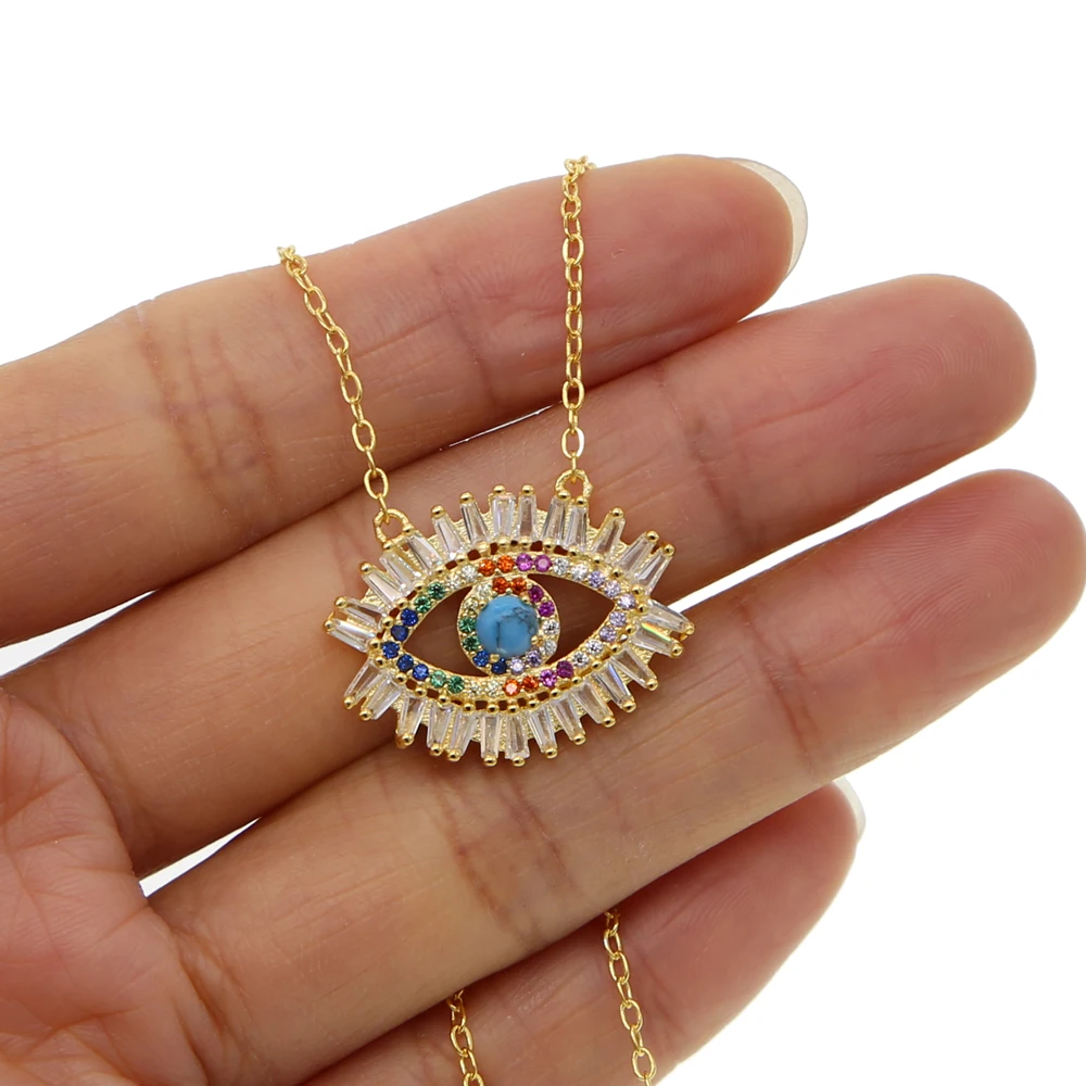 Gold color filled fashion jewelry rectangle cubic zirconia cz evil eye boho lucky turkish 2022 new arrived jewelry necklaces