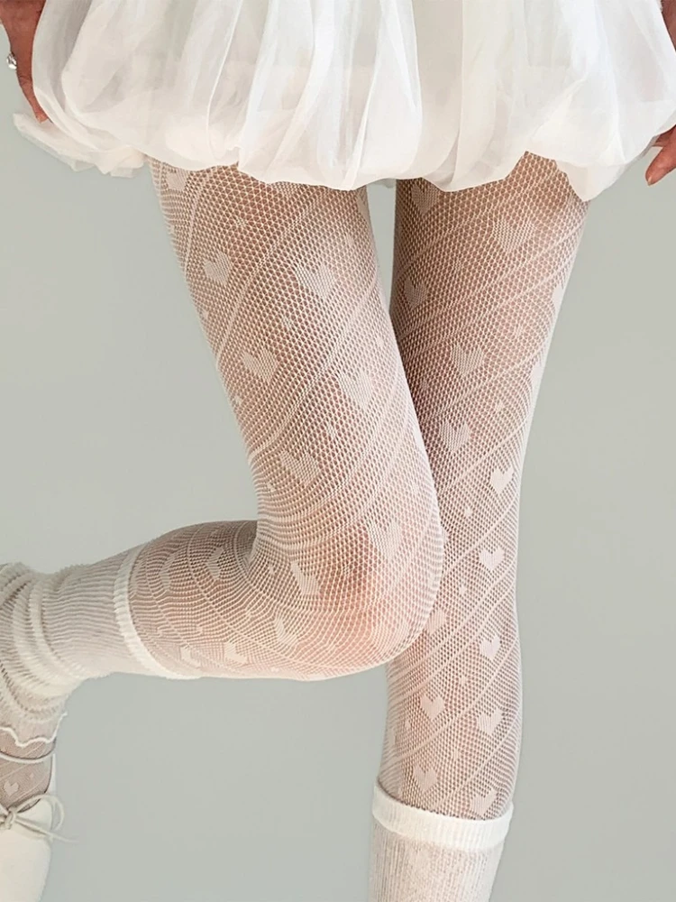Japanese Lolita Heart Pattern White Fishnet Stockings Hot Tights Women Classic Hollowed Out Lace Mesh Hosiery Bottomed Pantyhose