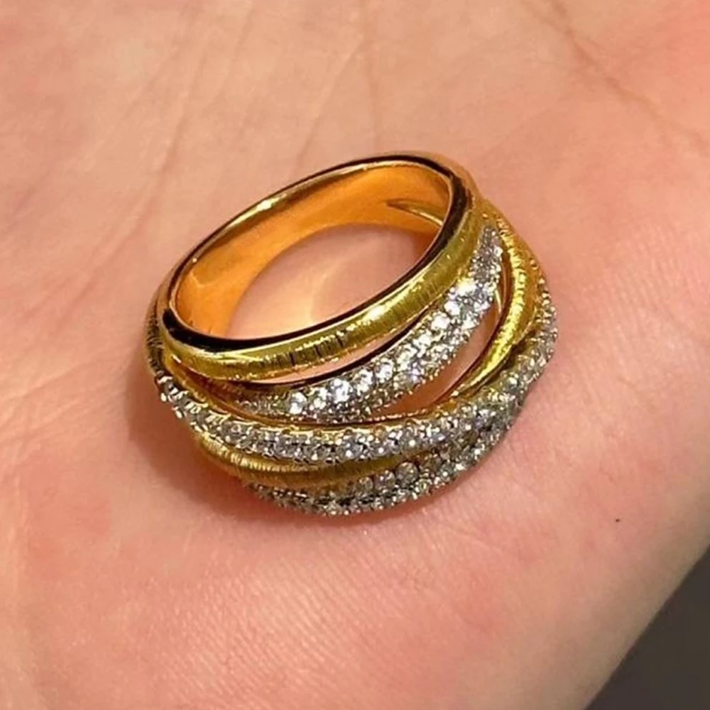 18K Gold Plated 100% 925 Sterling Silver Rings for Women Sparkling High Carbon Diamond Multi Layered Cross Wedding Band Gifts