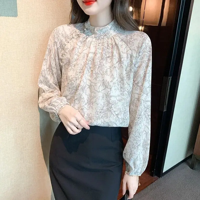 High-end Temperament Fashion Floral Blouse Women New Classic Long Sleeve O-collar Chiffon Pullover Lady Elegant Shirt 2023