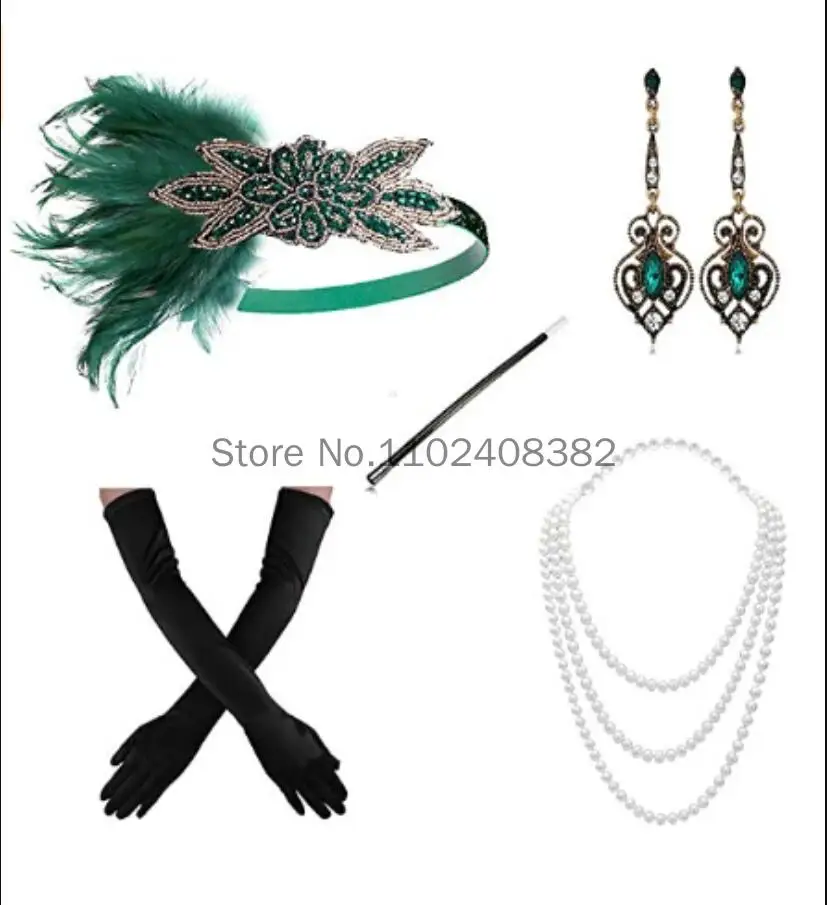 Vintage 1920's Flapper Dress Matching Accessories Set Charleston Costume Green Headpiece Earings Great Gatsby Feather headband